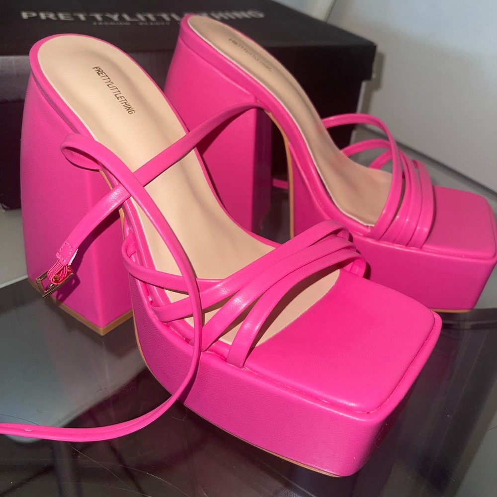 Prettylittlething pink platform heels